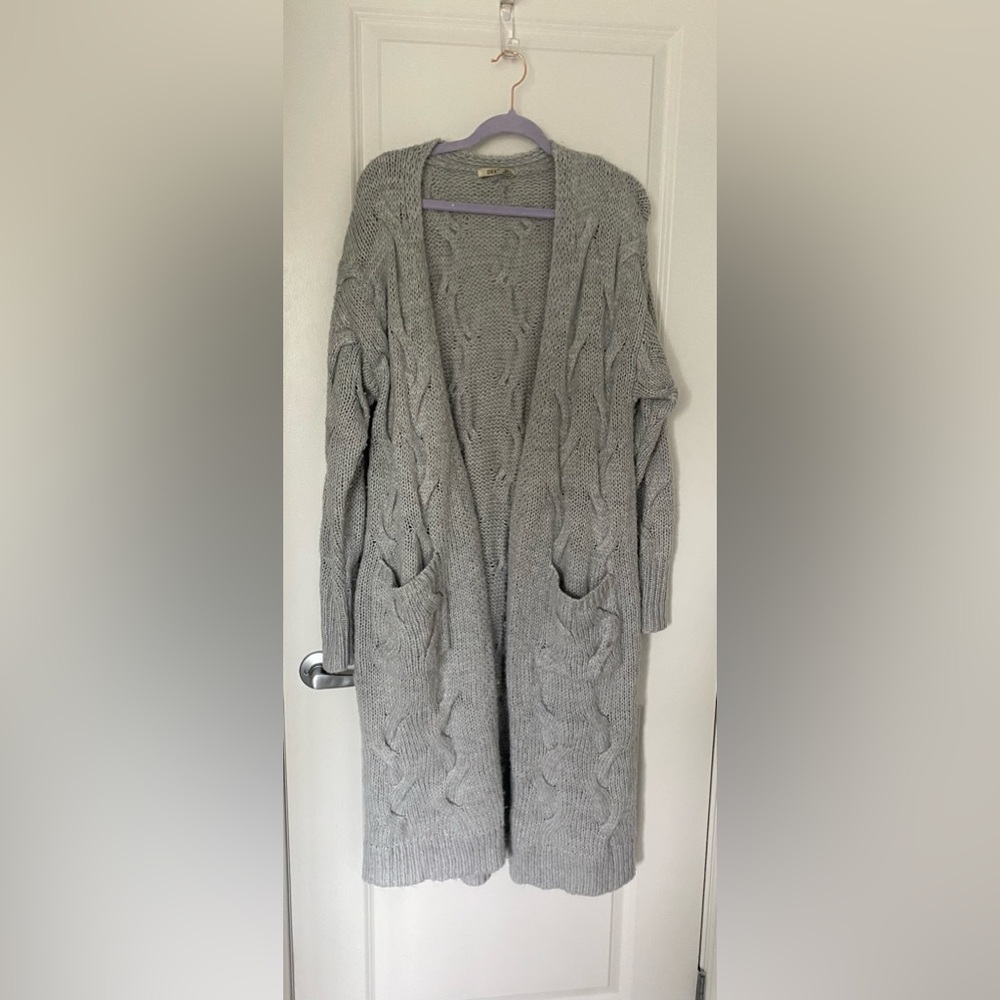 Dex grey braided knit longline open front knit acrylic cardigan with pockets